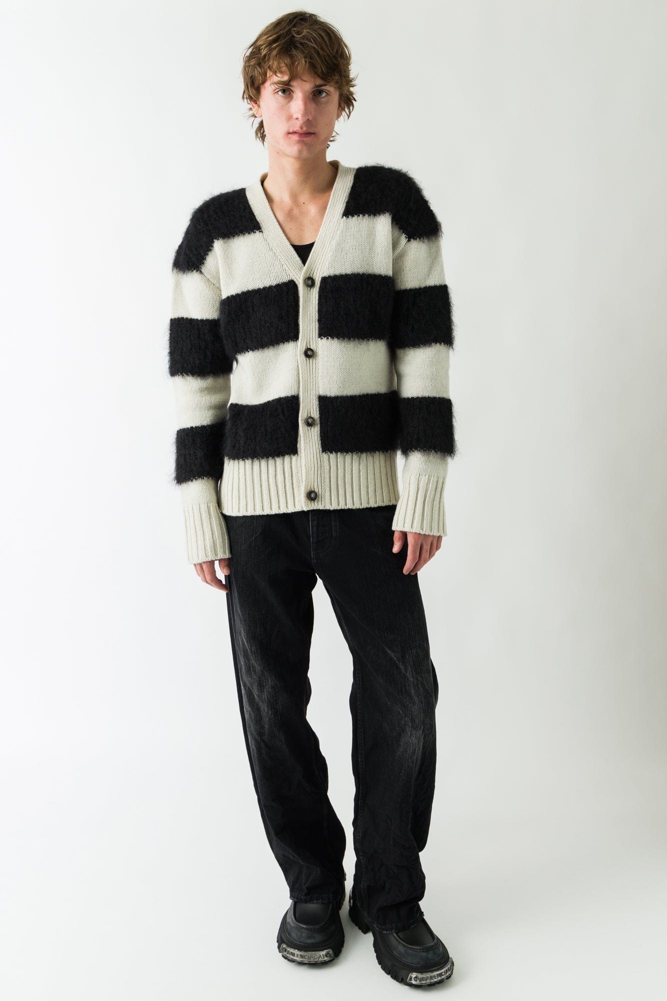 Marni Striped Cardigan with Fur Collar full look