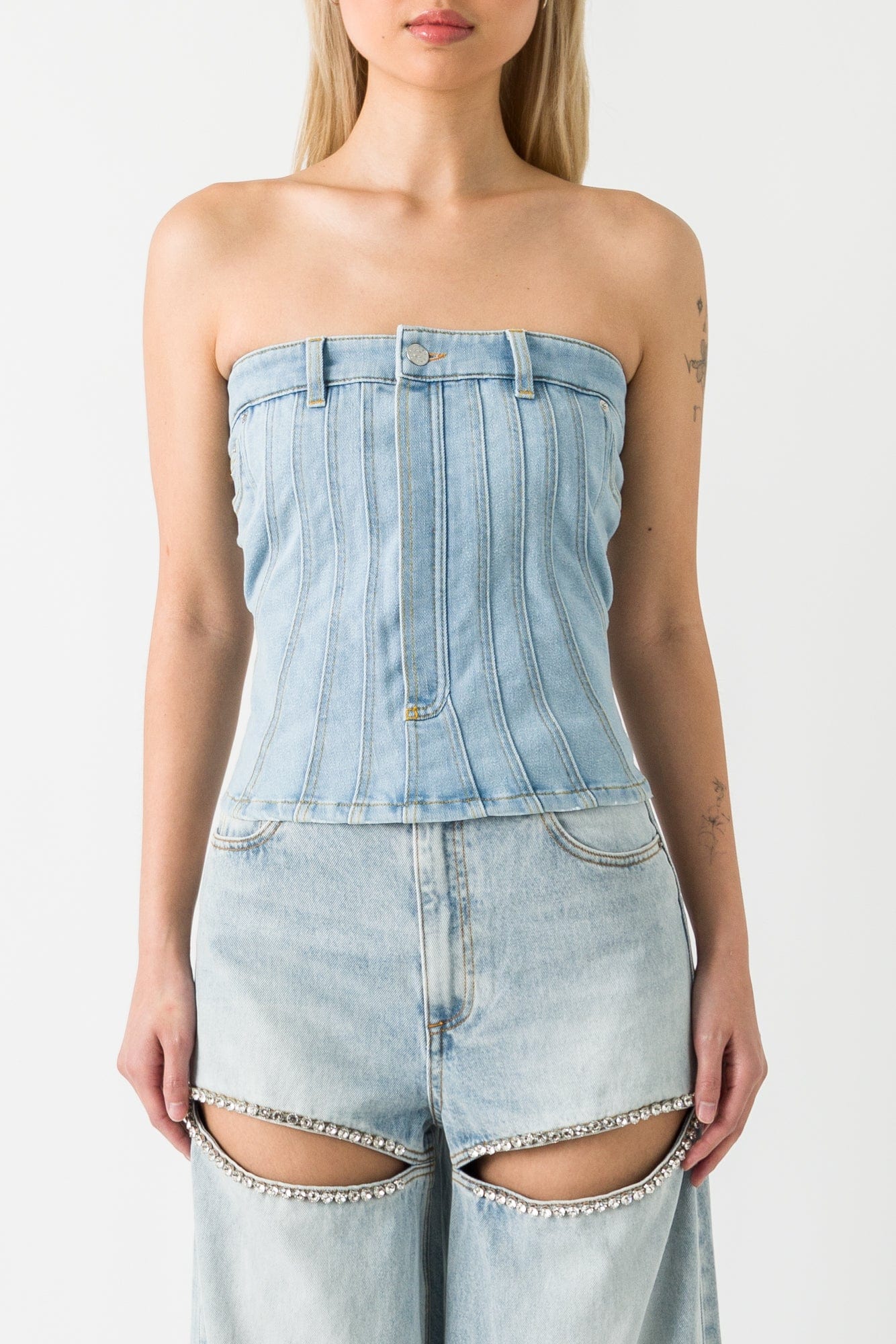 Mugler Denim Strapless Corset Top SS25
