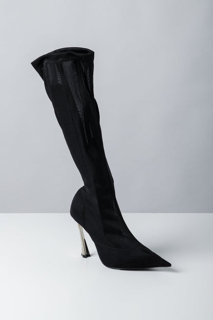 Mugler High Boot in Mesh Black Suede side