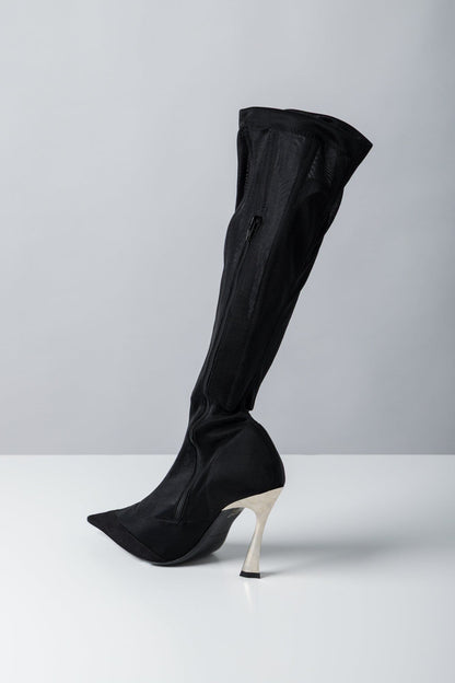 Mugler High Boot in Mesh Black Suede side