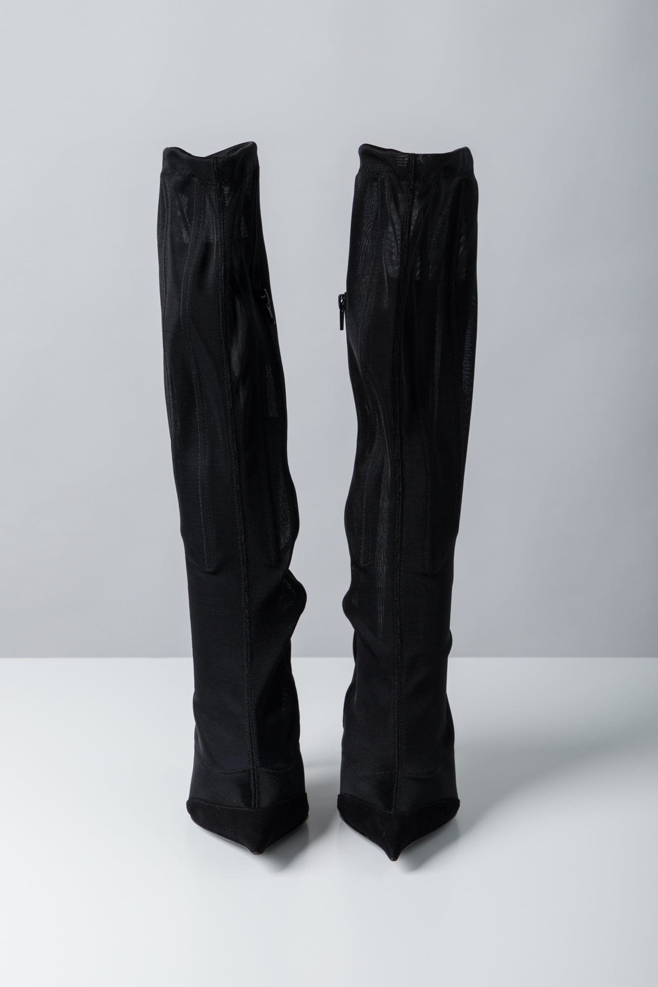 Mugler High Boot in Mesh Black Suede front