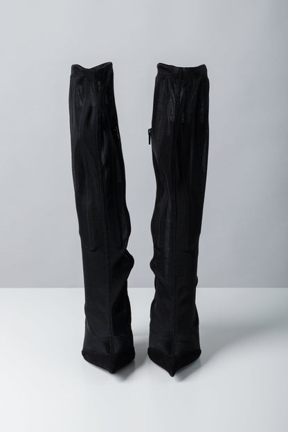 Mugler High Boot in Mesh Black Suede front