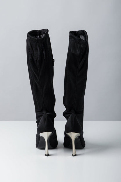 Mugler High Boot in Mesh Black Suede back