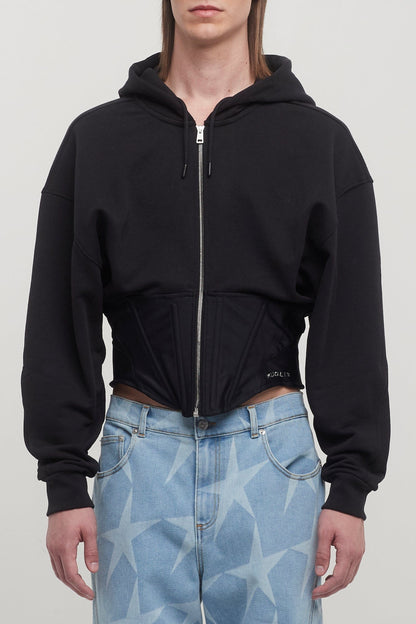 Mugler Corseted Cropped Light Fleece Sweat in Black