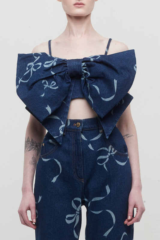 Nina Ricci Laser Bow-Print Denim Big Bow Bralette