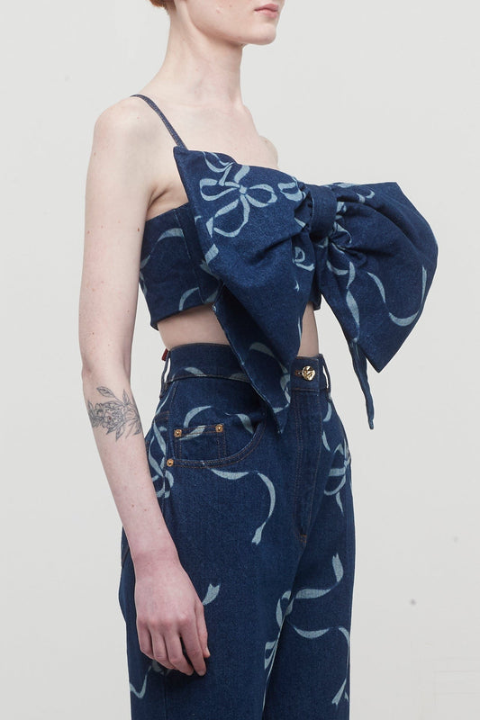Nina Ricci Laser Bow-Print Denim Big Bow Bralette side