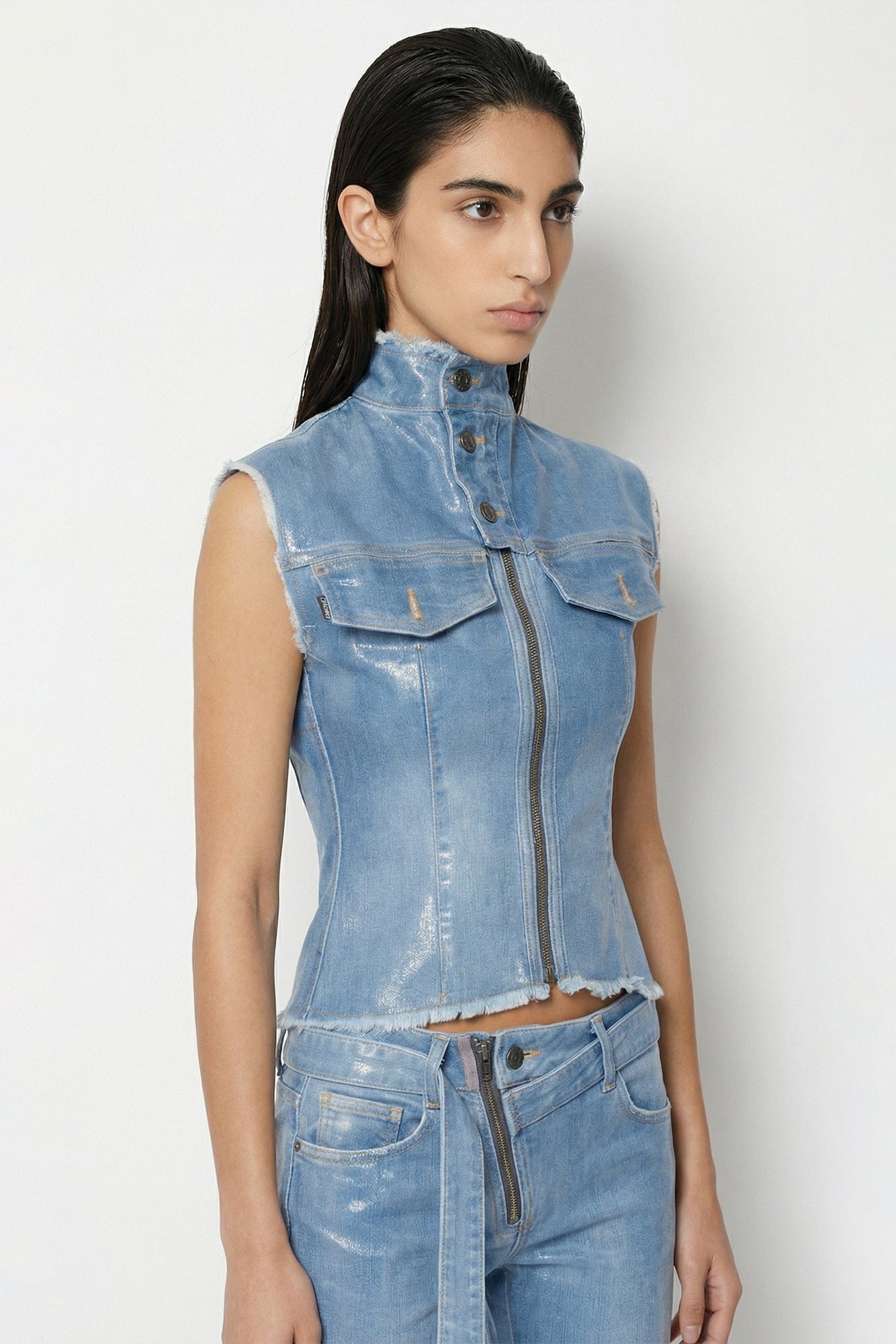 Ottolinger Glazed Denim Zip Top in Blue side