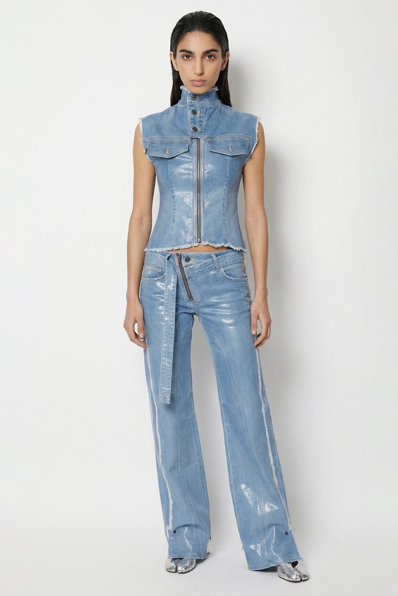 Ottolinger Glazed Denim Zip Top in Blue full look