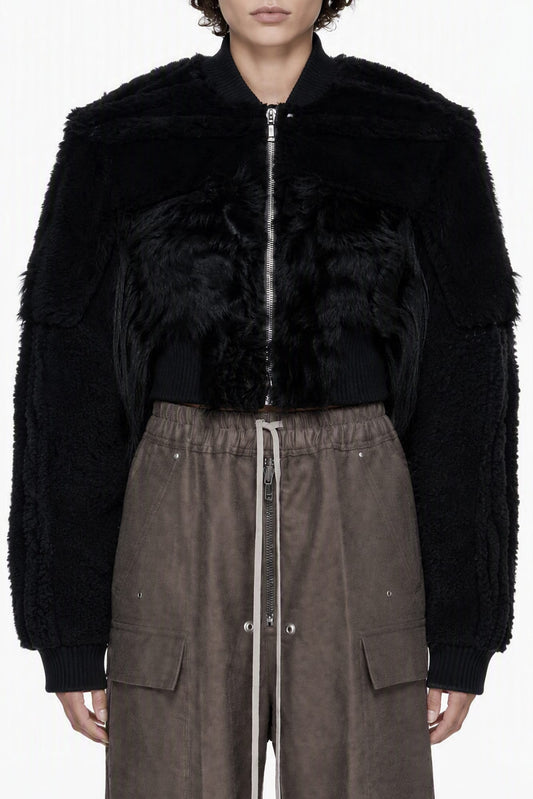 Rick Owens Cropped Collage Bomber in Black