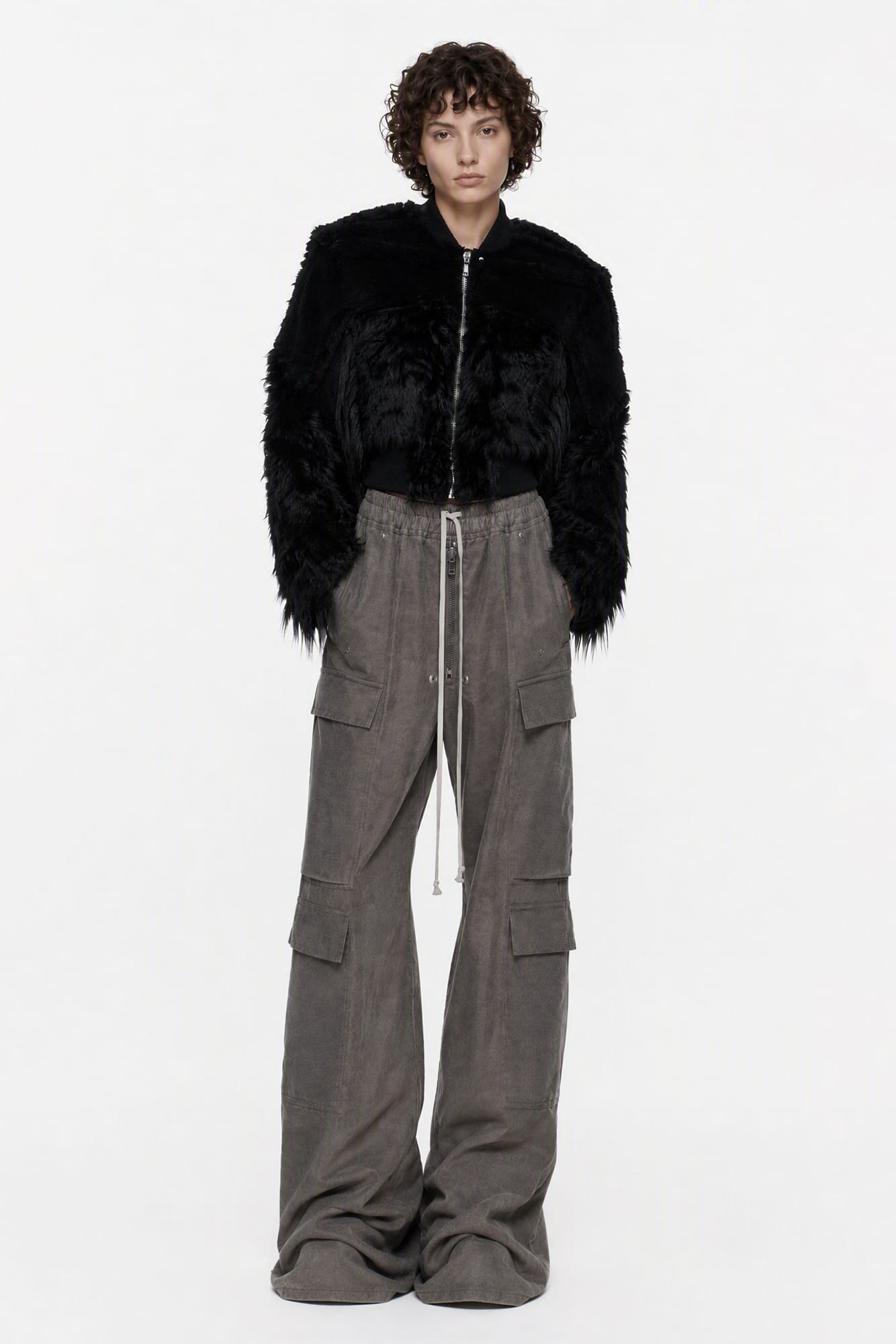 Rick Owens Cropped Collage Bomber in Black full look