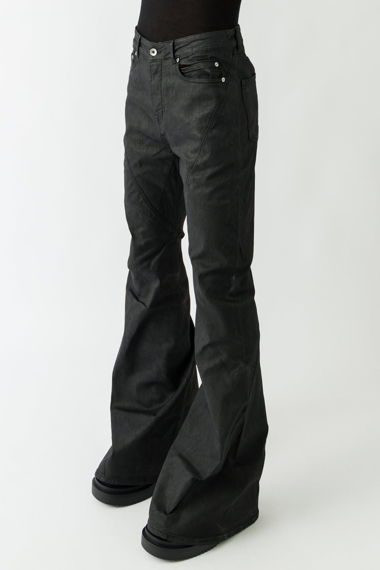 パンツ rick owens drkshdw bias bootcut Rick Owens DRKSHDW Bias Bootcut in Stretch Black Wax – Antidote