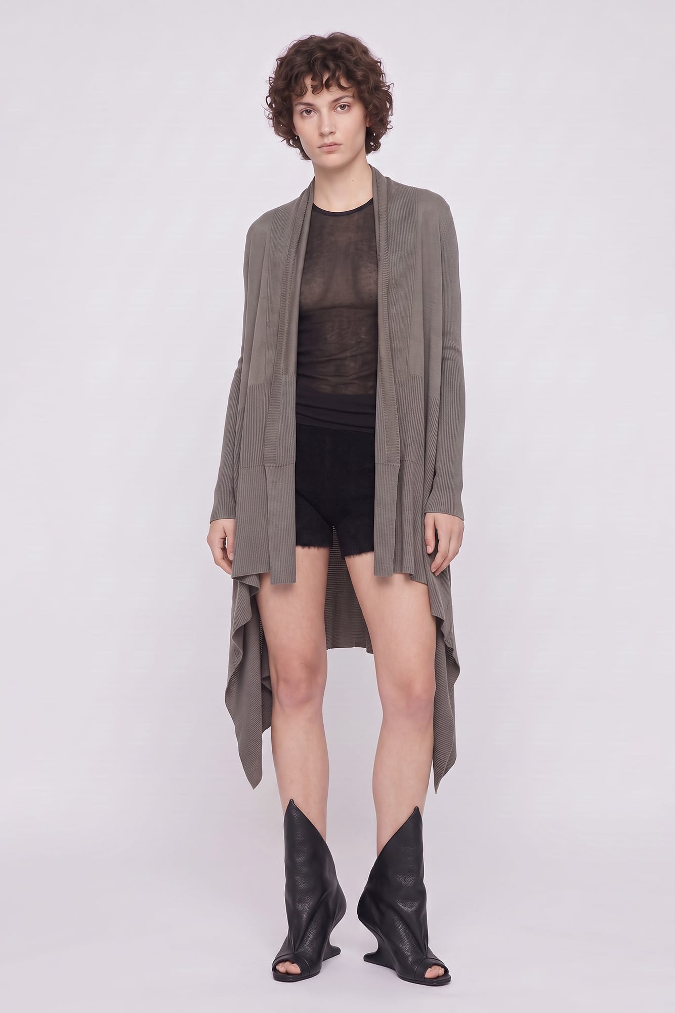 Rick Owens Long Wrap Cardigan in Dust full look