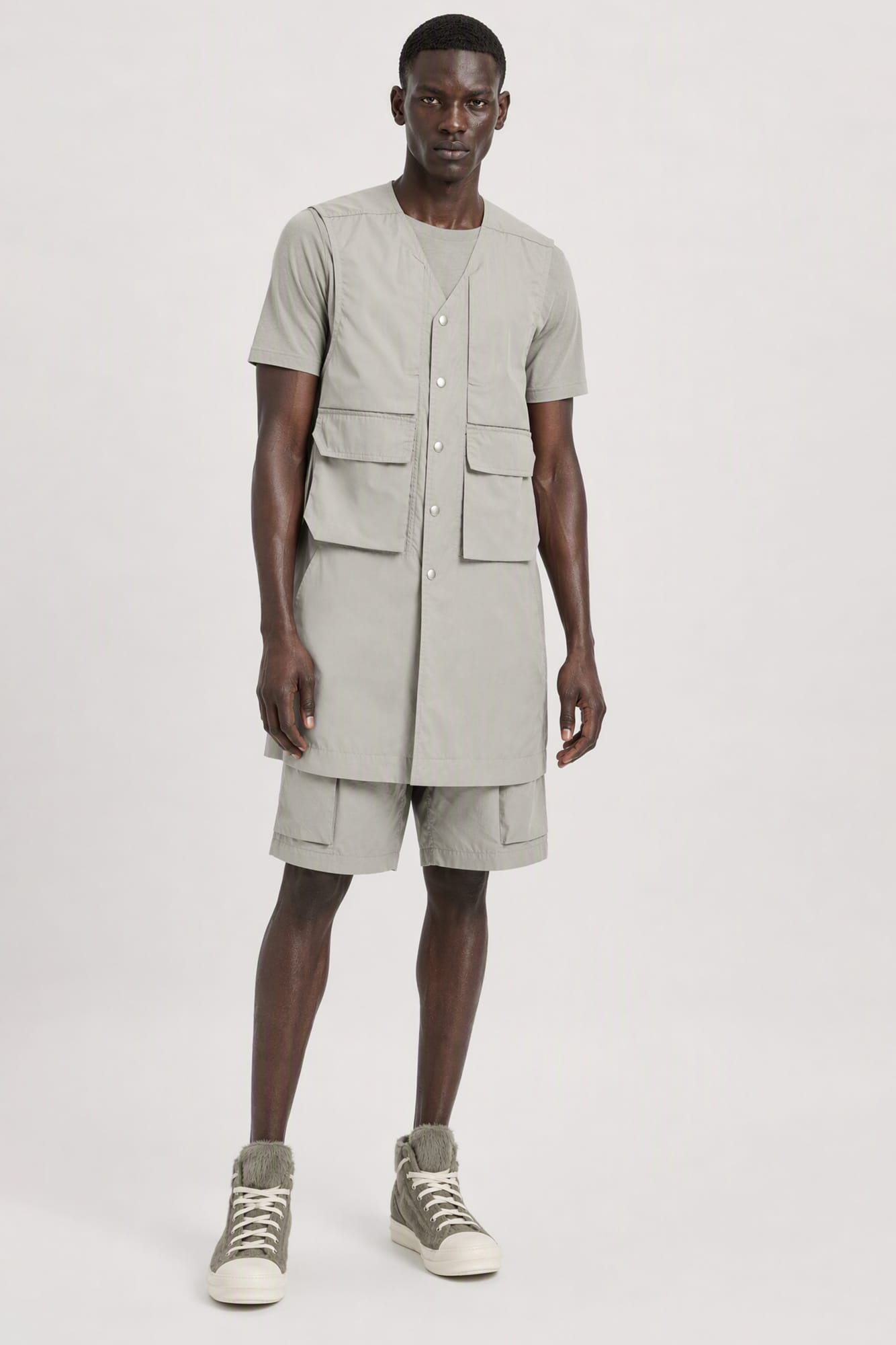 Rick Owens Mens Simplified Blixa Vest in Dark Pearl full look