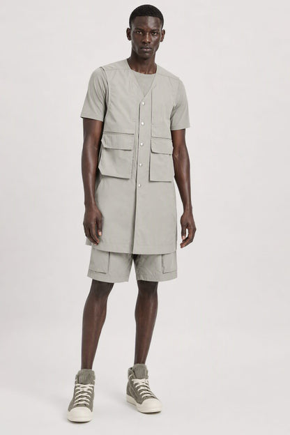 Rick Owens Mens Simplified Blixa Vest in Dark Pearl full look