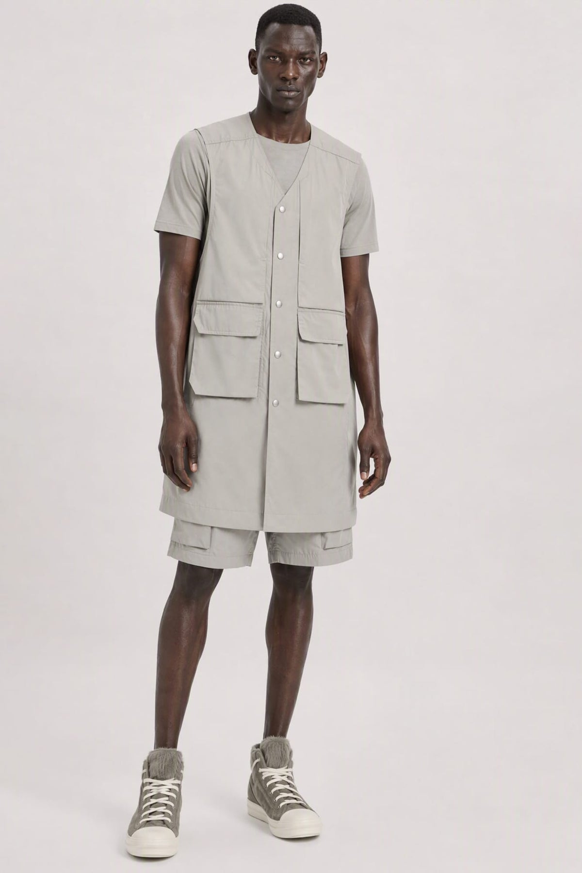 Rick Owens Mens Simplified Blixa Vest in Dark Pearl full look