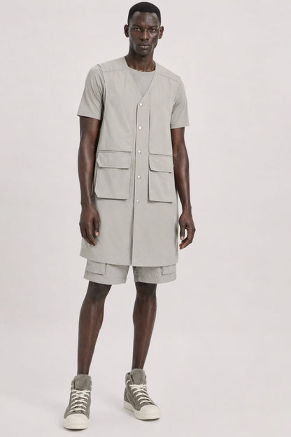 Rick Owens Mens Simplified Blixa Vest in Dark Pearl full look