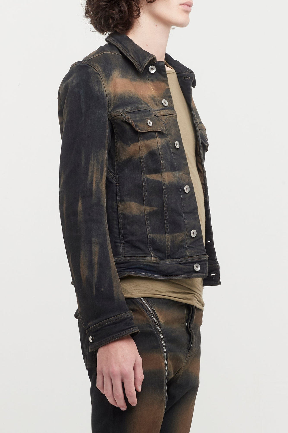 Rick Owens DRKSHDW Washed Denim Jacket with Leather Sleeves