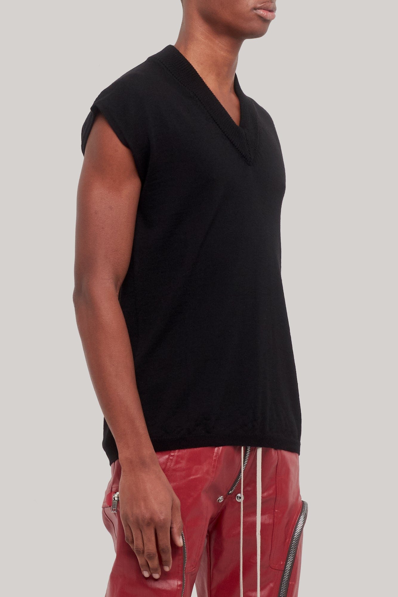 Rick Owens Short Sleeve V Neck Sweater in Black side