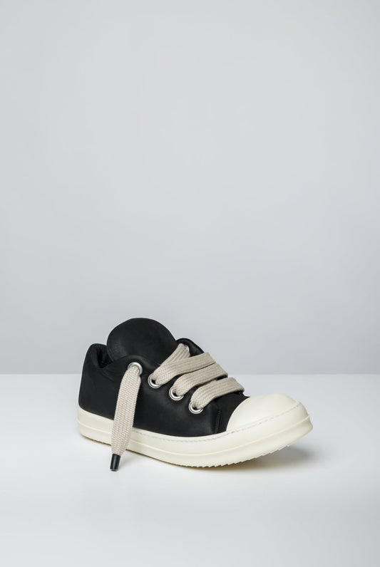 Rick Owens Jumbo Lace Padded Low Sneaks in Black Milk front angle