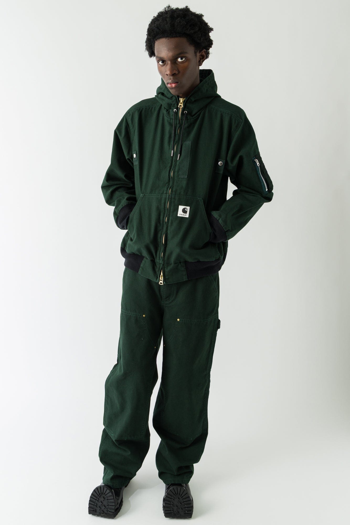Sacai Carhartt Washed Duck Hooded Blouson In Green full look