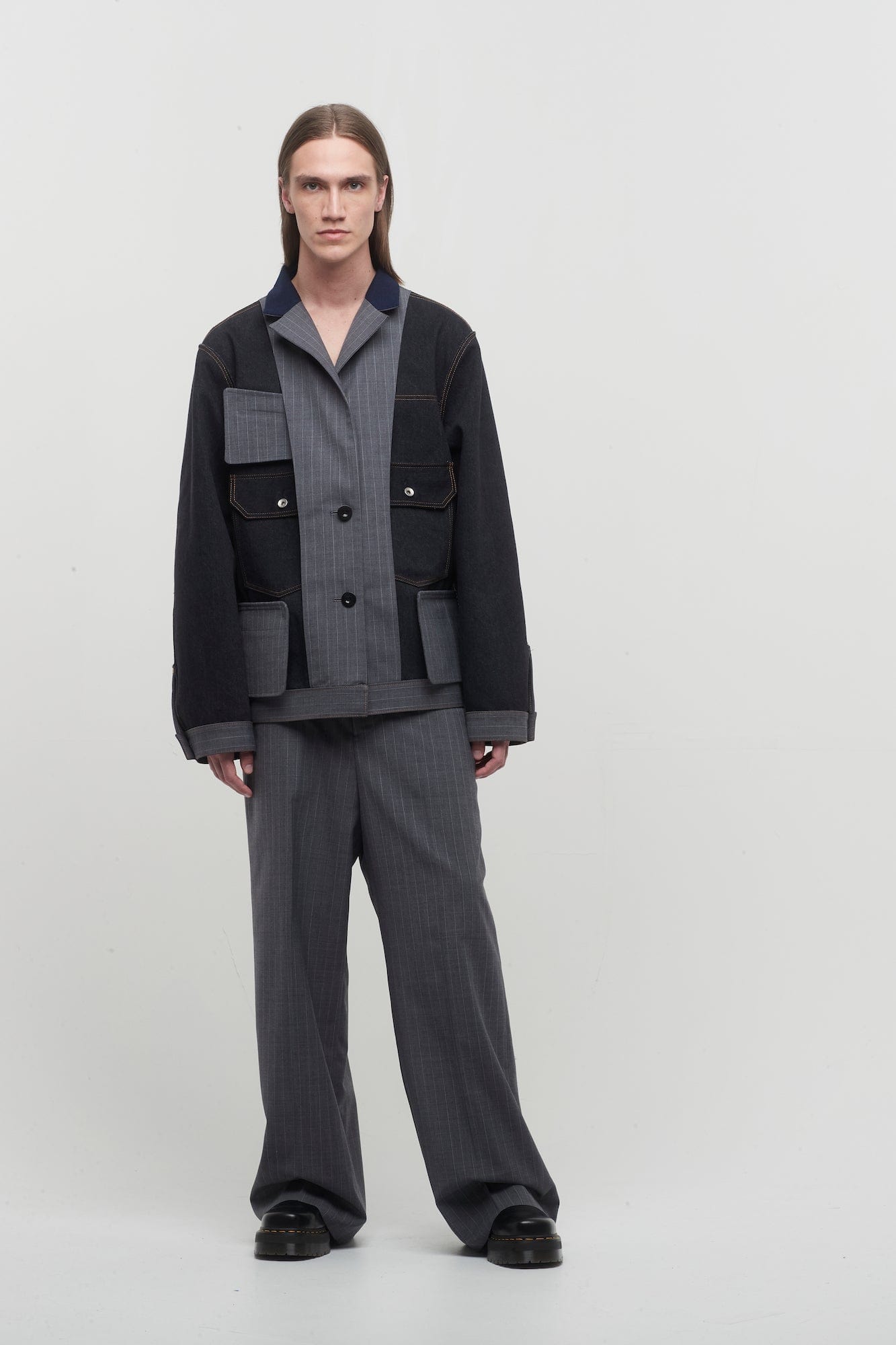 Sacai Chalk Stripe Pants in Grey full look