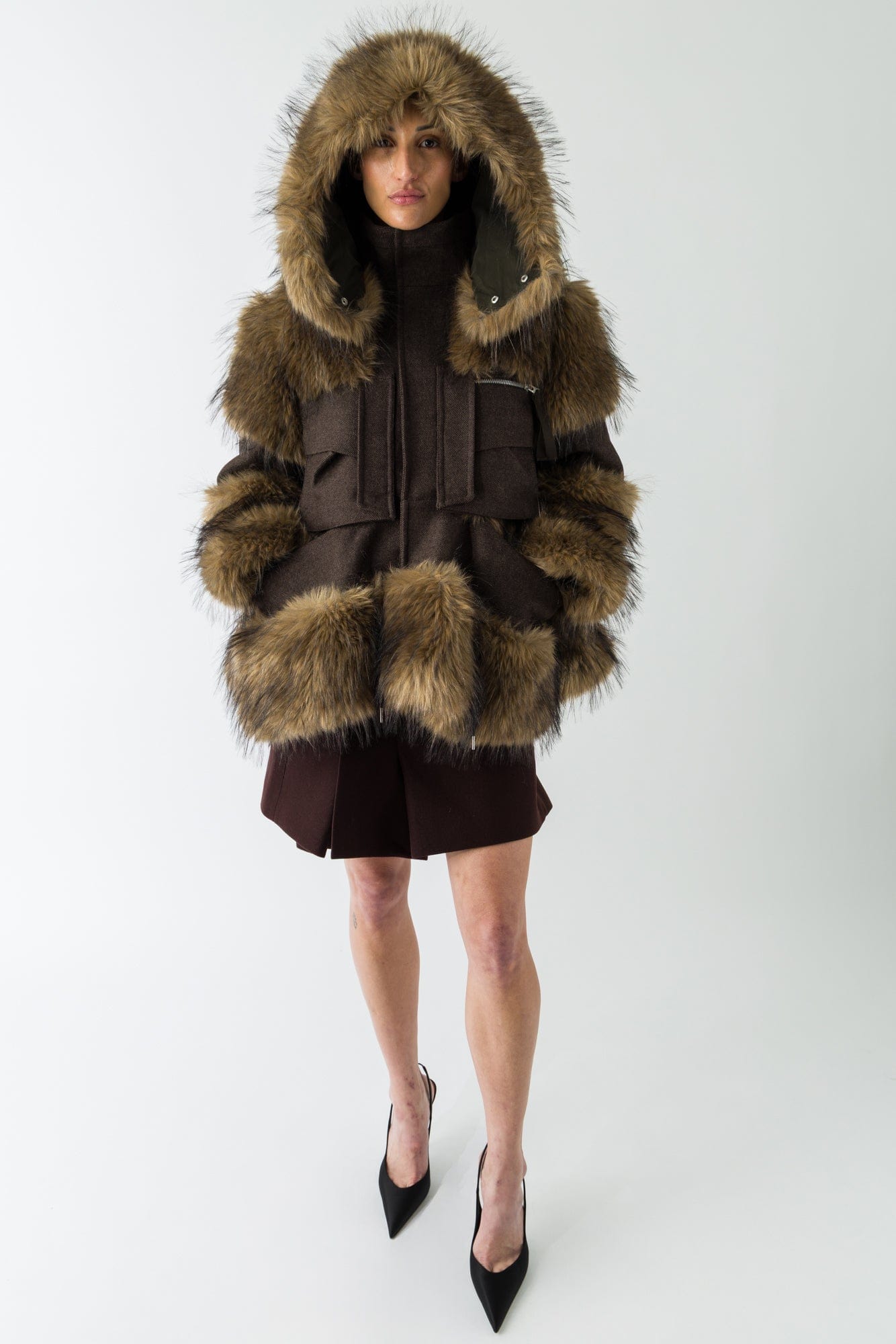 Sacai Wool Melton Blouson In Brown full look