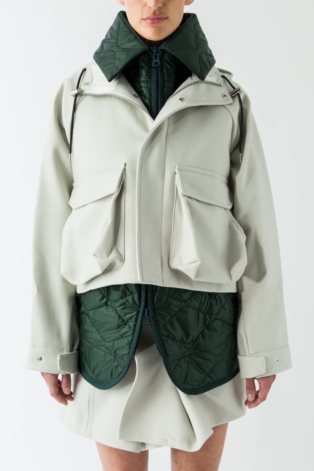 Sacai Wool Melton Blouson In Ecru/Green