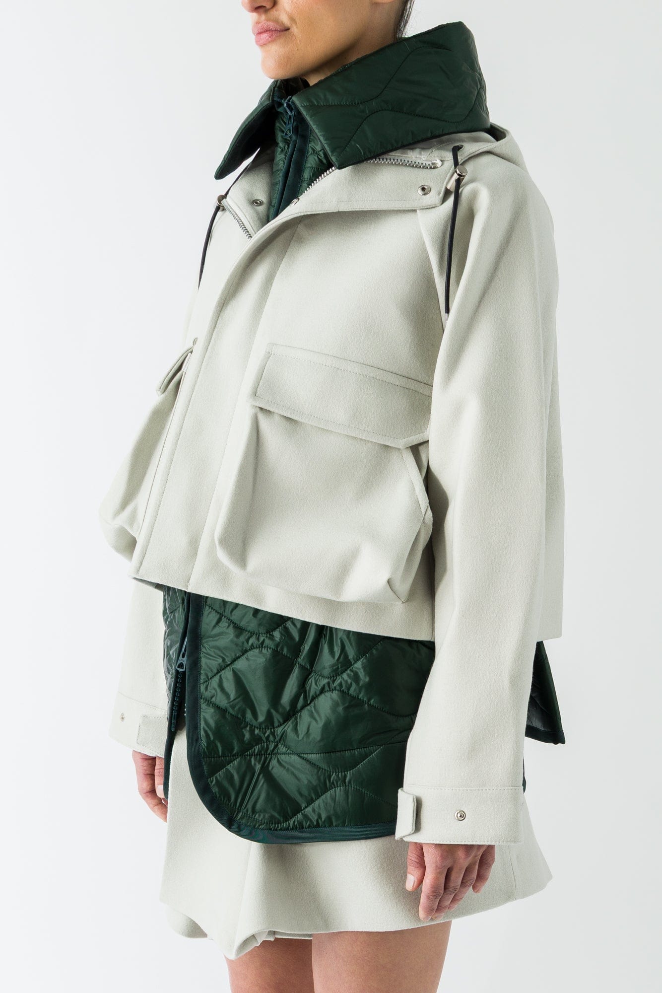 Sacai Wool Melton Blouson In Ecru/Green