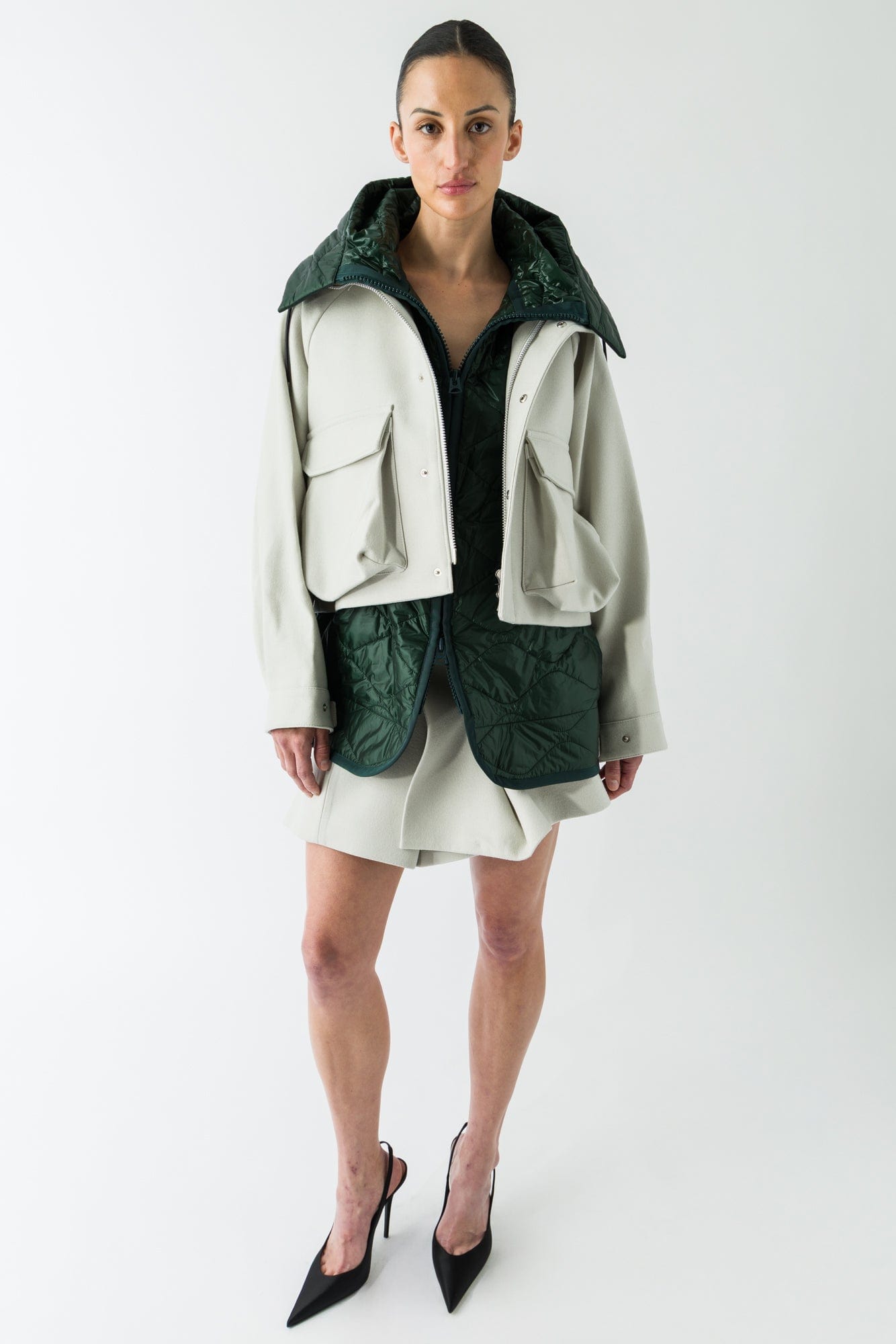 Sacai Wool Melton Blouson In Ecru/Green
