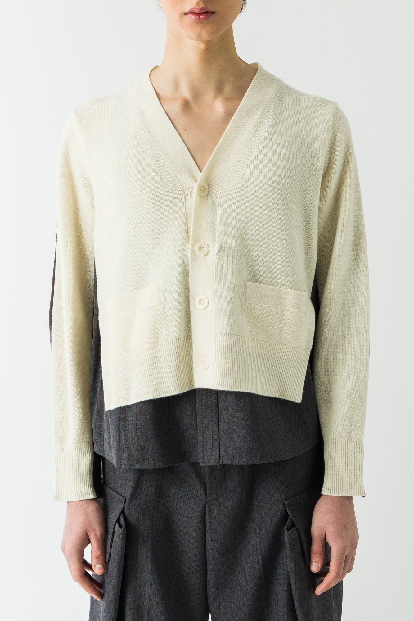 Sacai Stripe Wool Knit Cardigan in Off White and Gray