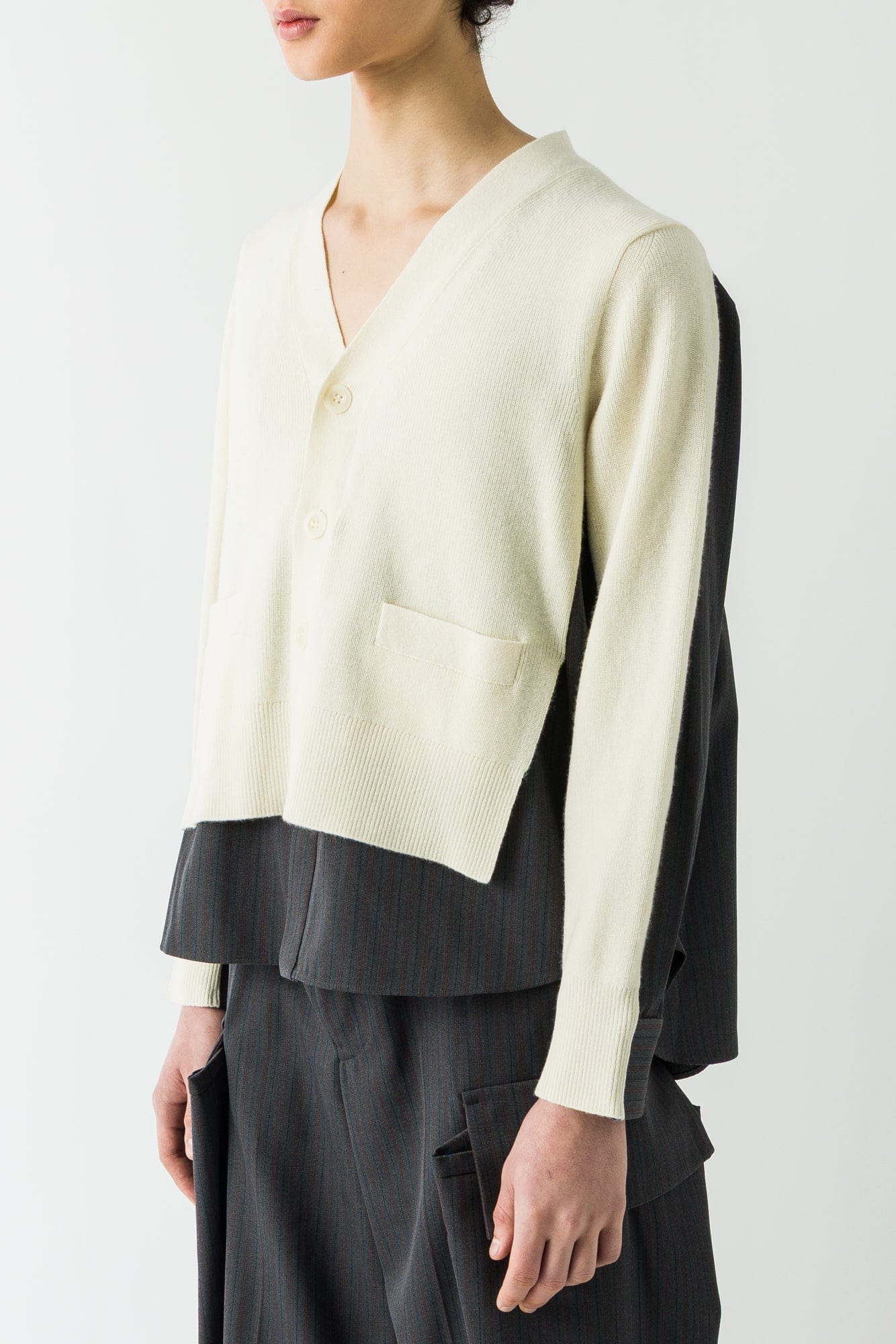 Sacai Stripe Wool Knit Cardigan in Off White and Gray side