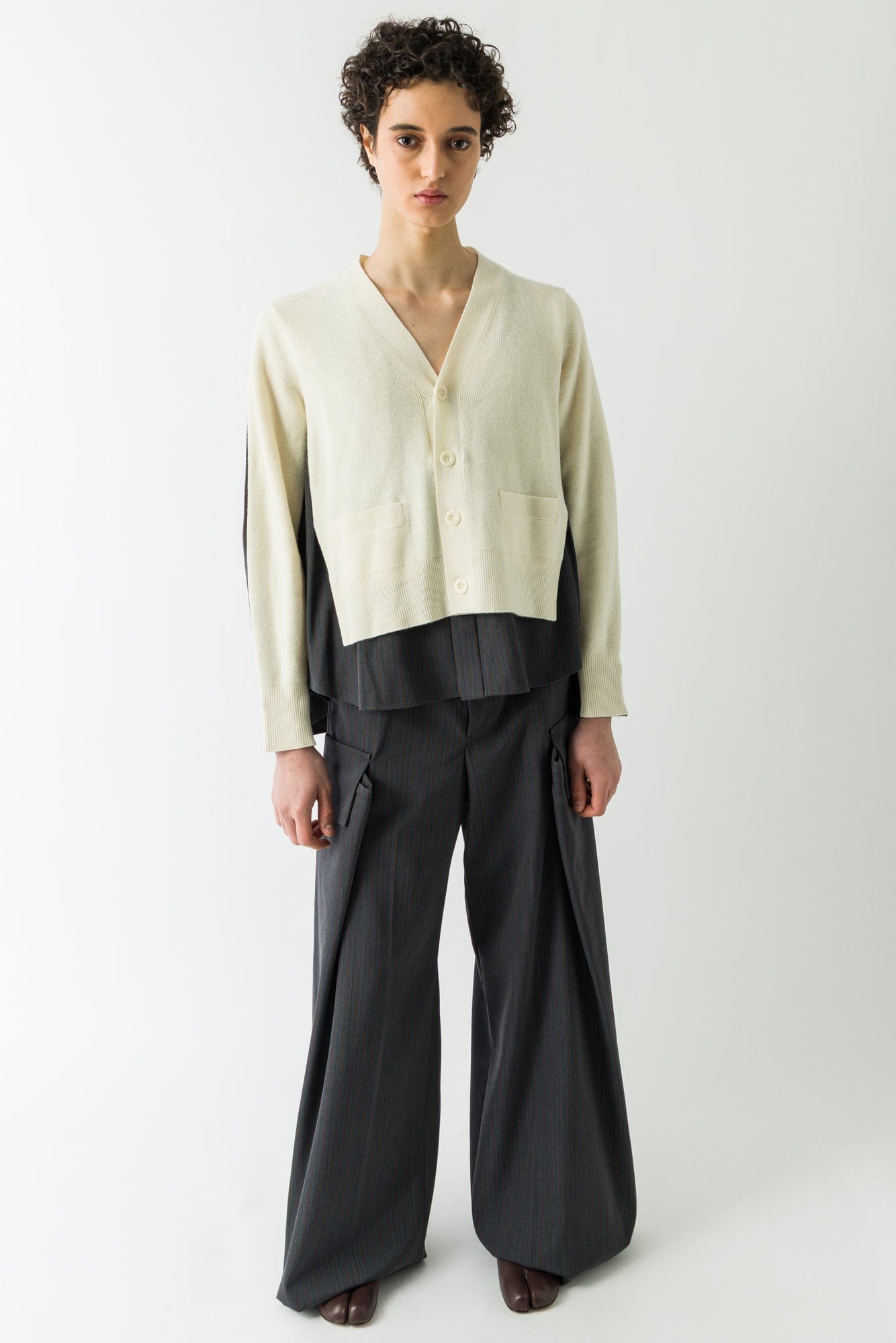 Sacai Stripe Doeskin Pants in Gray full look