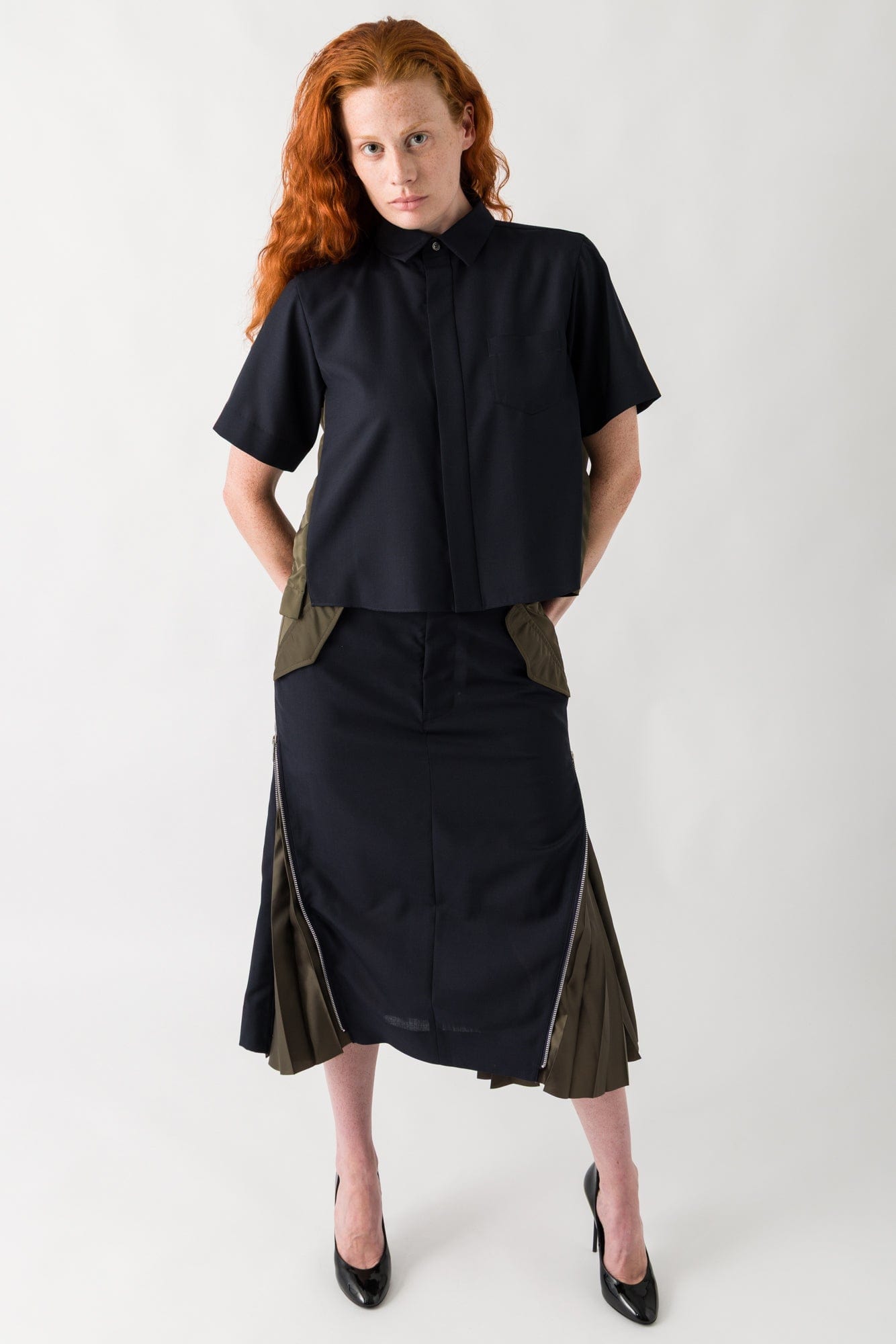 Sacai Suiting Mix Shirt In Navy/Khaki