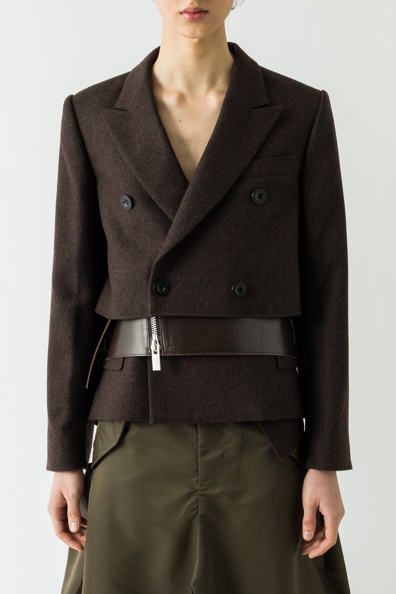 Sacai Wool Melton x Leather Jacket in Brown