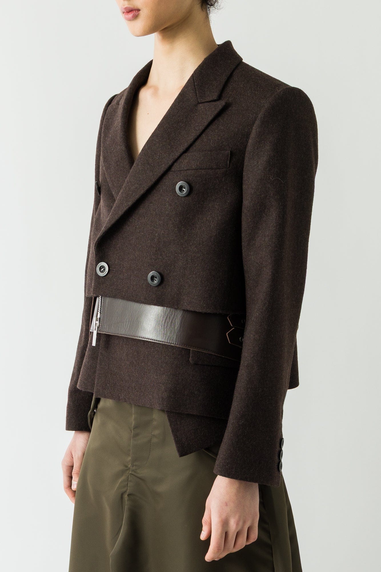 Sacai Wool Melton x Leather Jacket in Brown