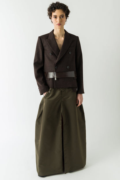 Sacai Wool Melton x Leather Jacket in Brown full look