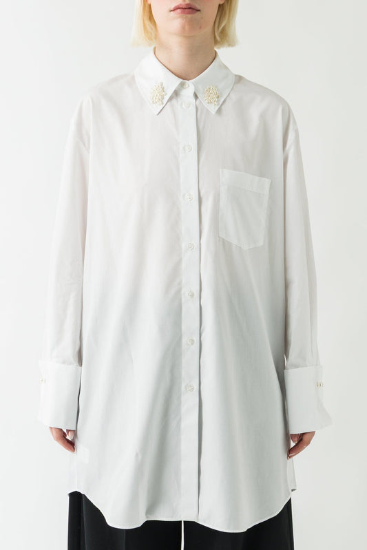 Simone Rocha Elongated Embroidered Button Shirt In White/Pearl