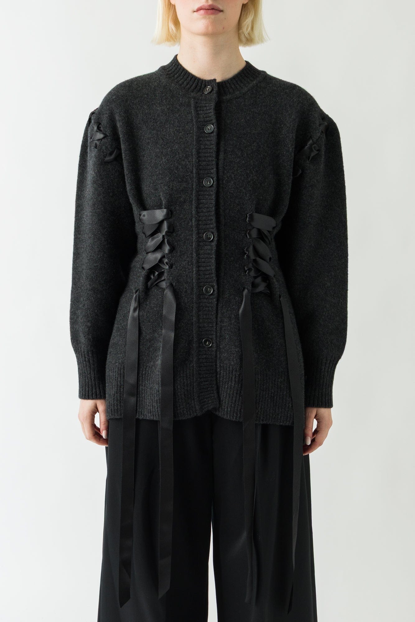 Simone Rocha Ribbon Corset Cardigan In Charcoal – Antidote Fashion and ...