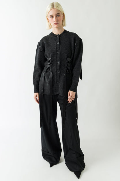 Simone Rocha Ribbon Corset Cardigan In Charcoal full look