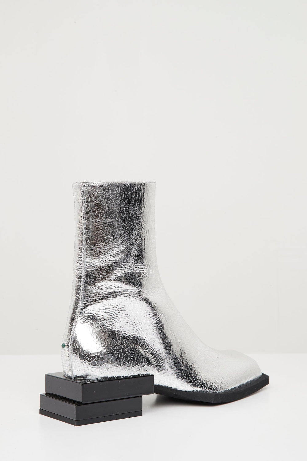 Steven Ma Stacked Heel Boots in Silver Cracked Foil Silver / 42