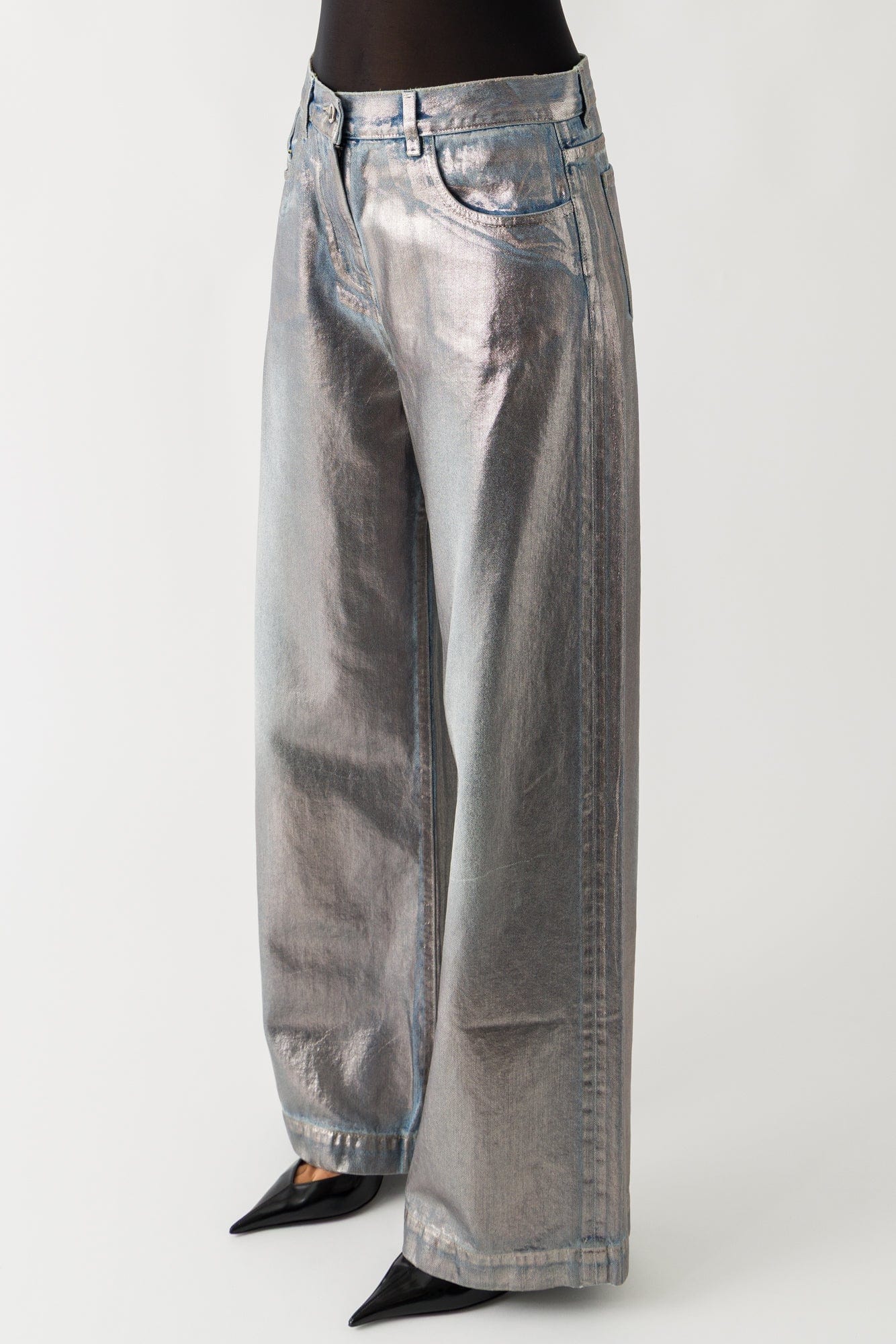The Attico Laminated Denim Jean In Silver