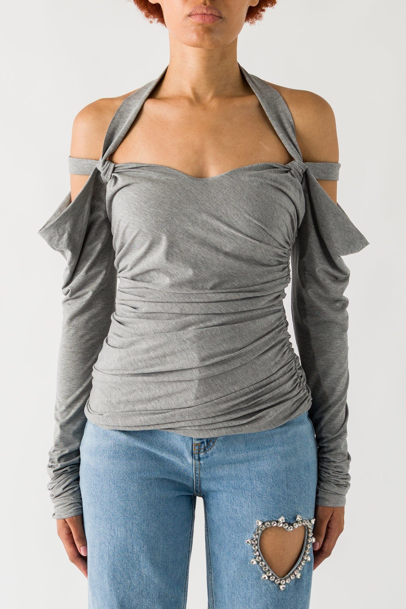The Attico Long Sleeve Shoulder Cut Out Top In Melange Grey