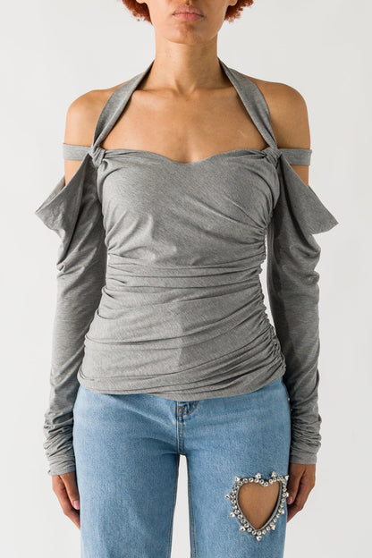 The Attico Long Sleeve Shoulder Cut Out Top In Melange Grey