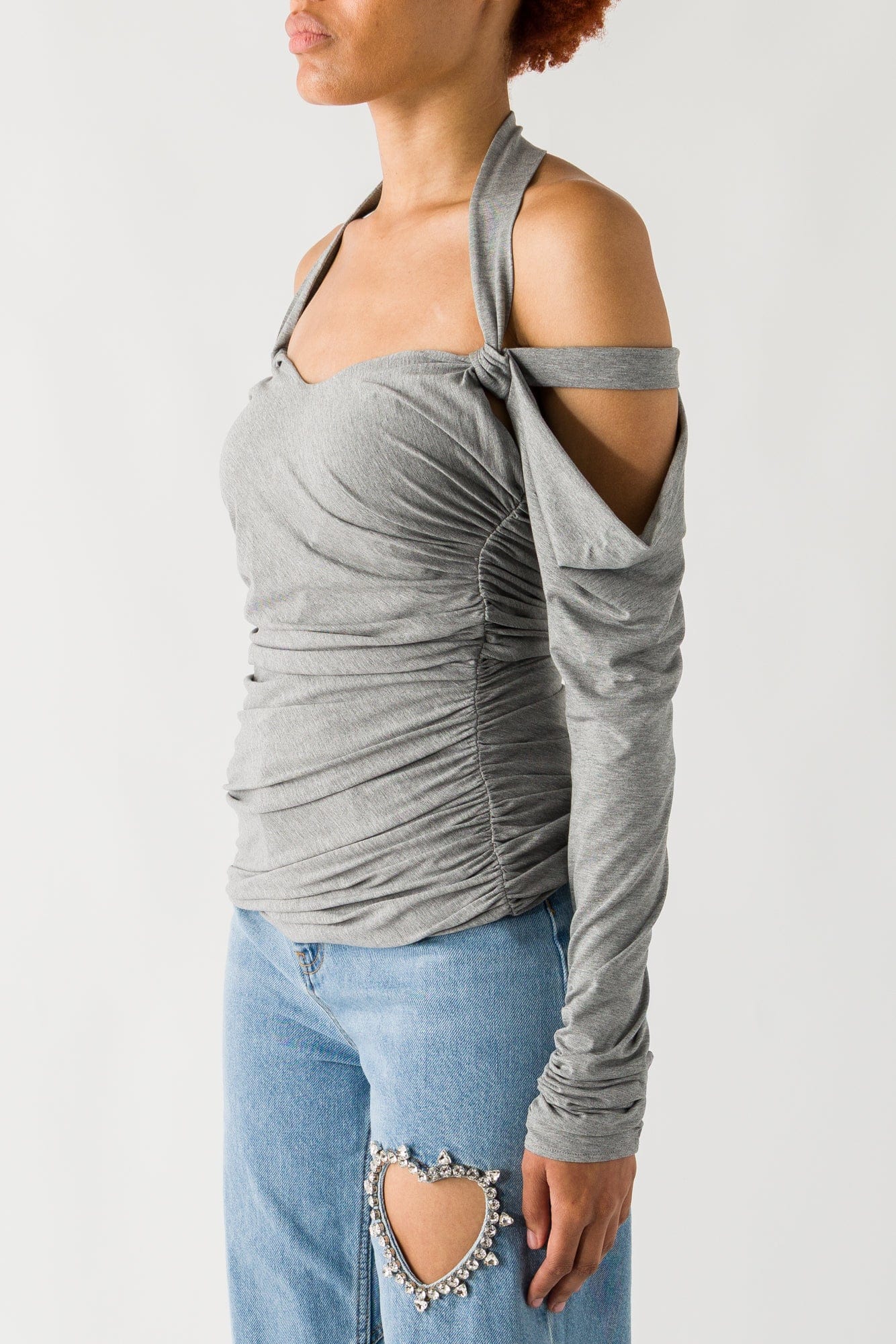 The Attico Long Sleeve Shoulder Cut Out Top In Melange Grey side