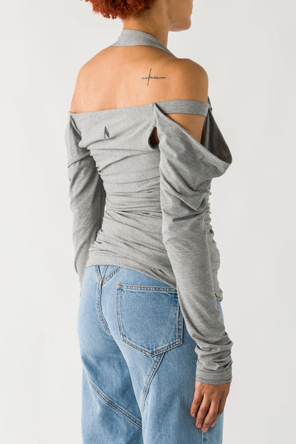 The Attico Long Sleeve Shoulder Cut Out Top In Melange Grey back
