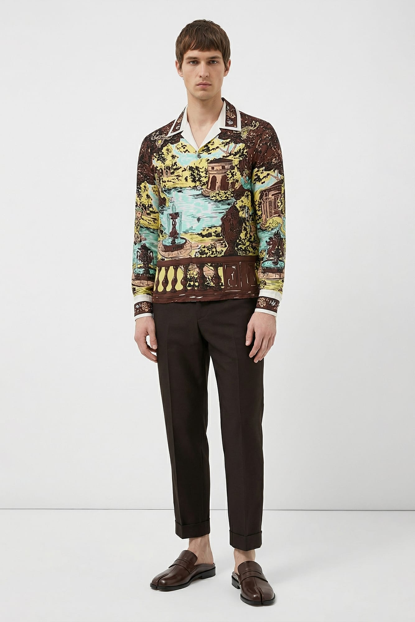versace silk dress shirt Versace Yellow & Black Printed Silk Twill Regular Shirt