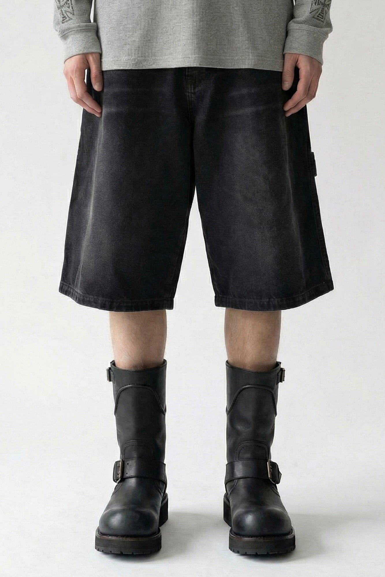 Vetements Aplique Biker Cross Hip-Hop Denim Short in Washed Black