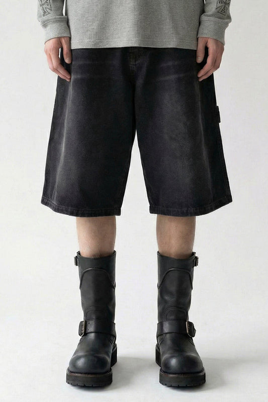 Vetements Aplique Biker Cross Hip-Hop Denim Short in Washed Black