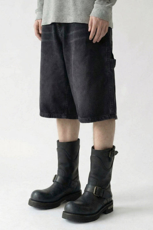 Vetements Aplique Biker Cross Hip-Hop Denim Short in Washed Black side