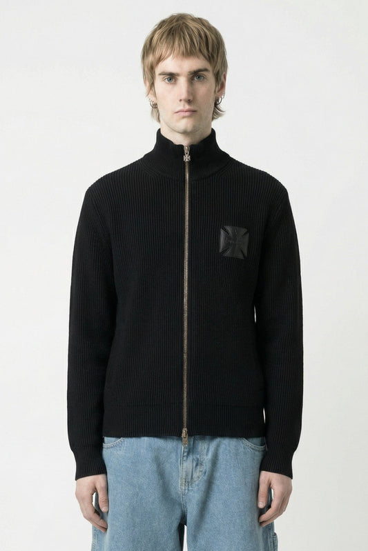 Vetements Leather Cross Zip-Up Sweater in Black